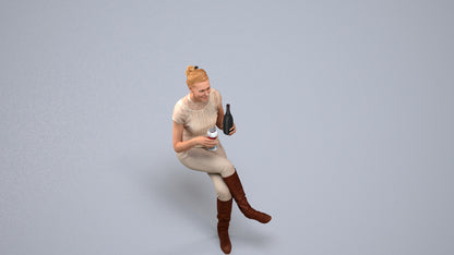 3D human model woman casual sitting, photogrammetry scanned person for archviz, back view render