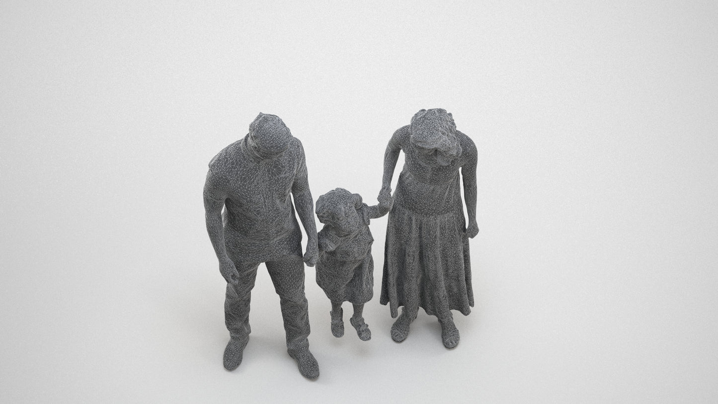 photogrammetry 3D woman casual kids, realistic human model archviz FBX, wireframe three-quarter view