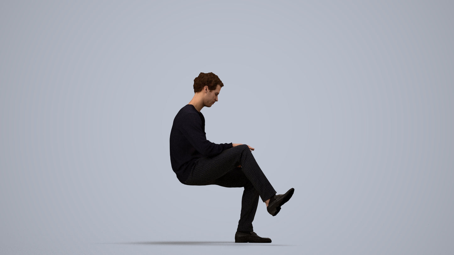 realistic 3D man casual sitting, scanned archviz people for Blender and 3ds Max, side view render