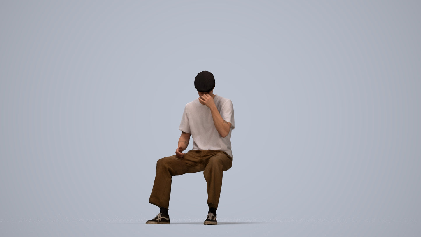 3D people model man casual sitting, scanned human for 3ds Max rendering, top-down view render