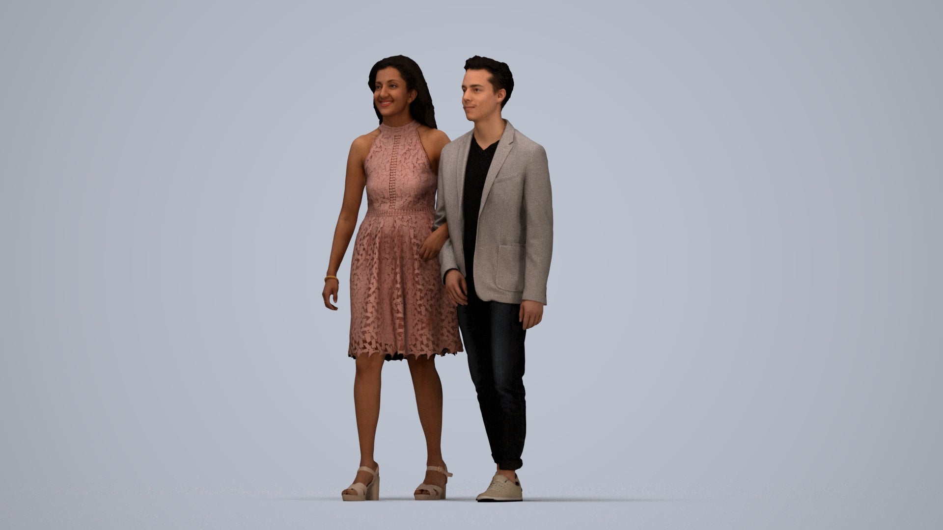 realistic 3D people woman formal couple, render-ready for V-Ray and Corona, FBX OBJ, top-down view render