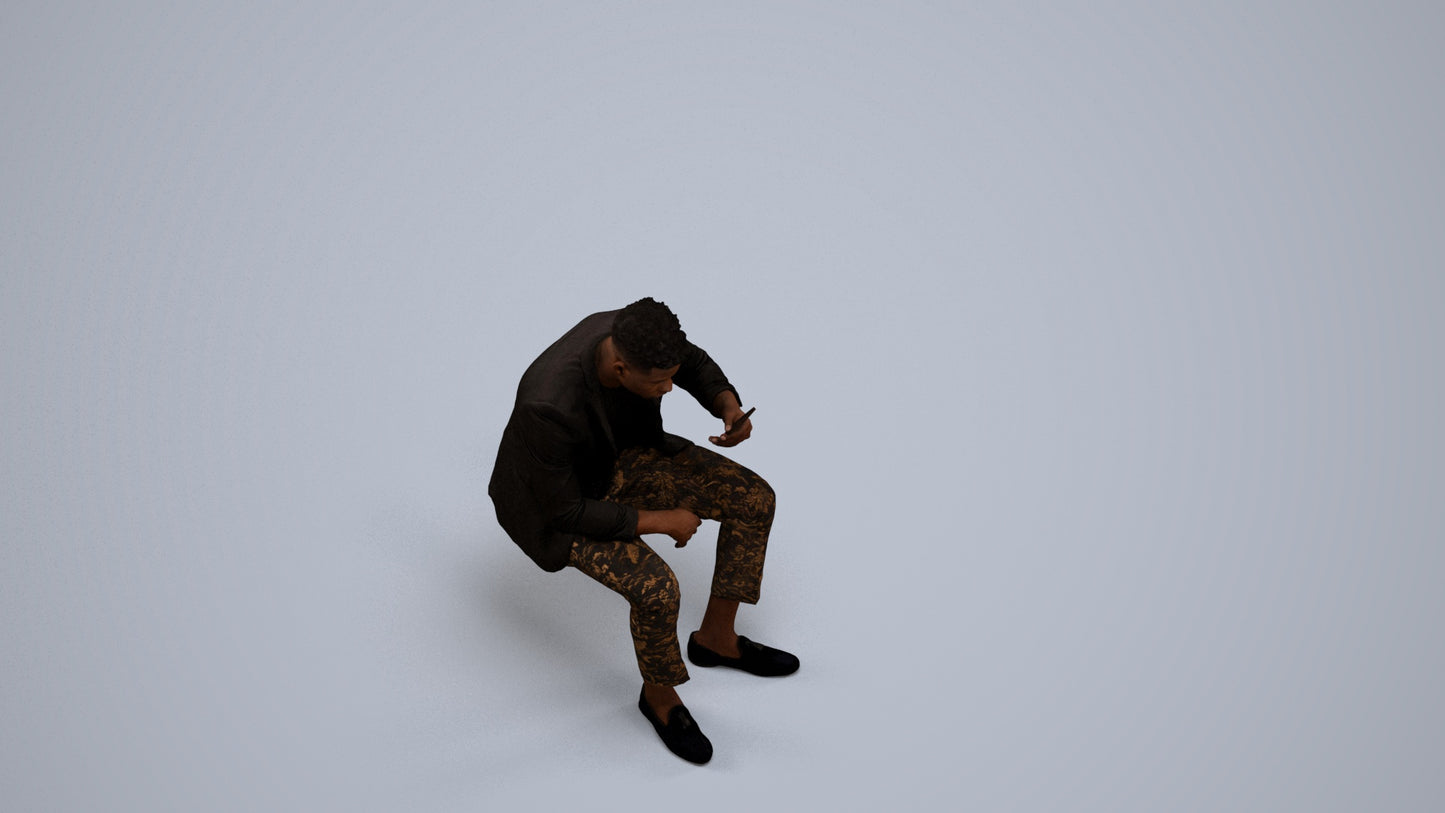 realistic 3D man casual sitting, scanned archviz people for Blender and 3ds Max, back view render
