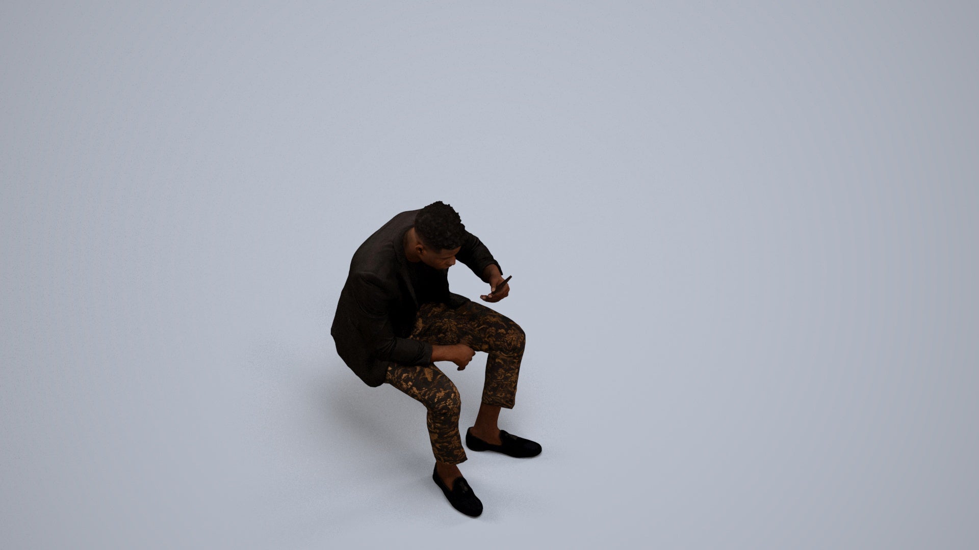 realistic 3D man casual sitting, scanned archviz people for Blender and 3ds Max, back view render