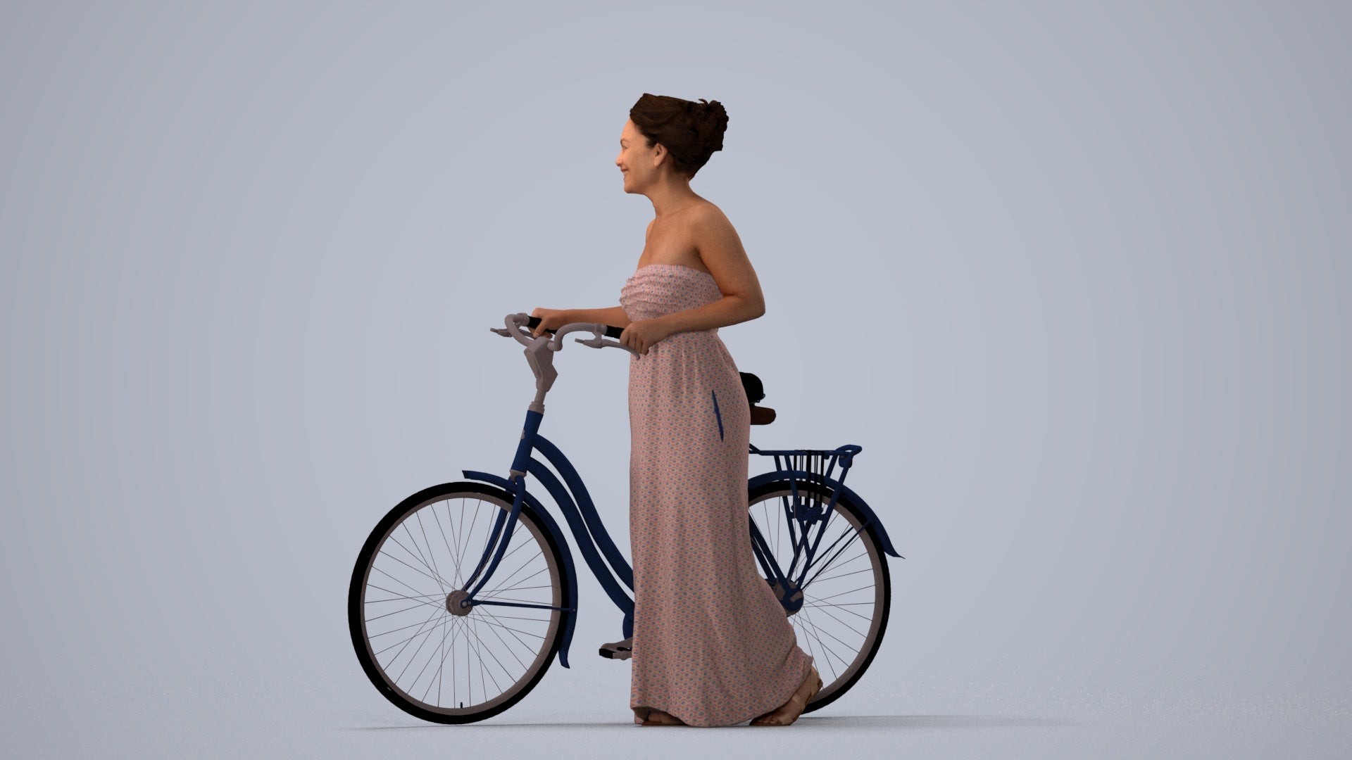 3D scanned woman cycling casual, photorealistic archviz people for Enscape and SketchUp, three-quarter view render