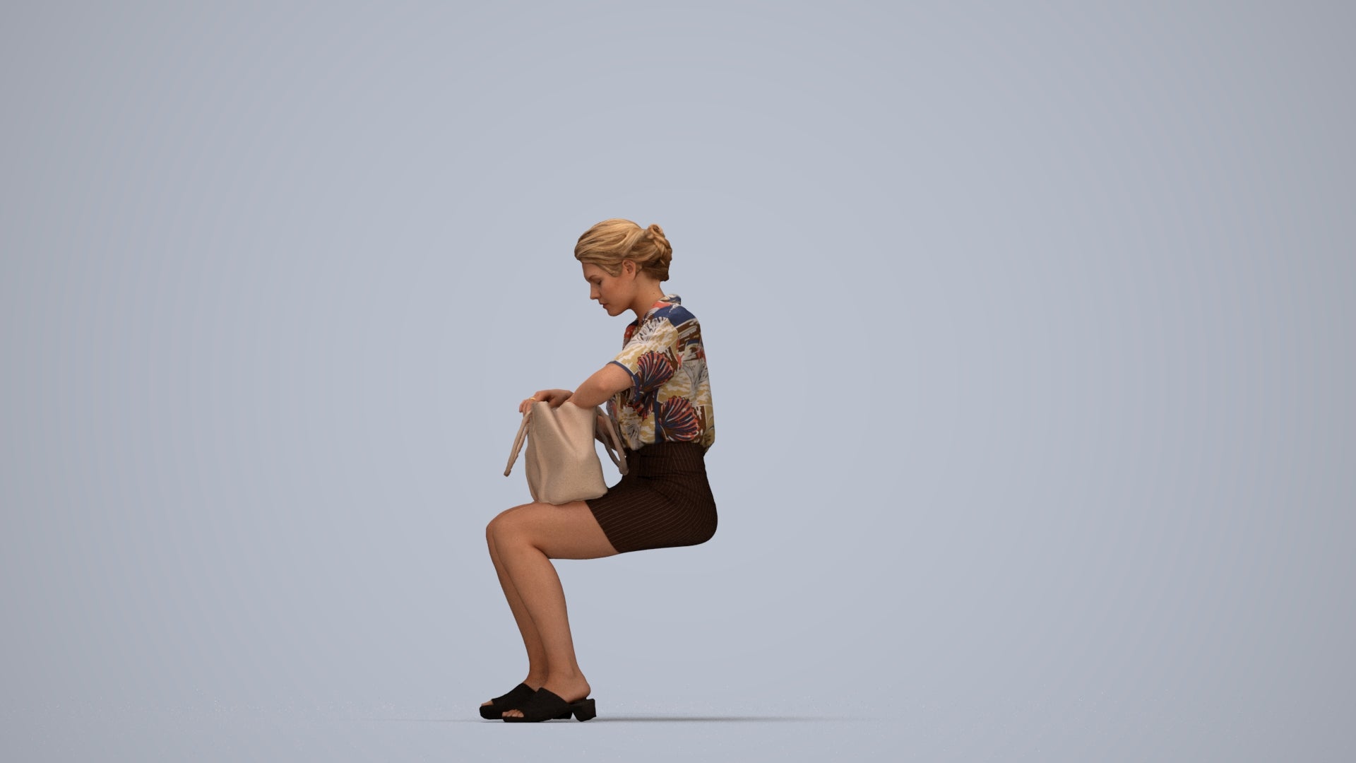 3D scanned woman sitting casual, photorealistic archviz people for Enscape and SketchUp, top-down view render