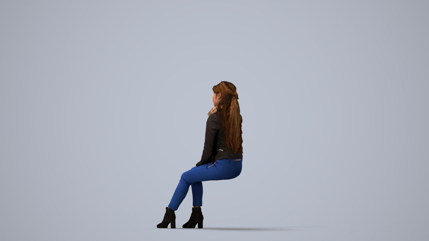 realistic 3D human woman casual sitting, archviz people FBX OBJ for Blender, three-quarter view render