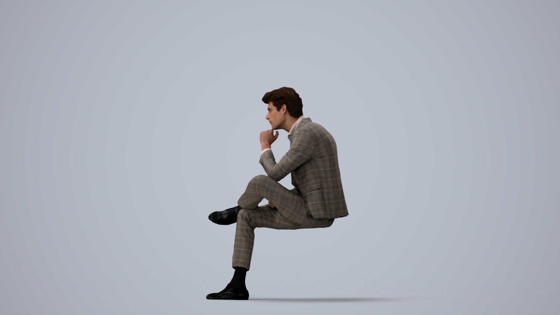 3D human model man business, photogrammetry scanned person for archviz, three-quarter view render