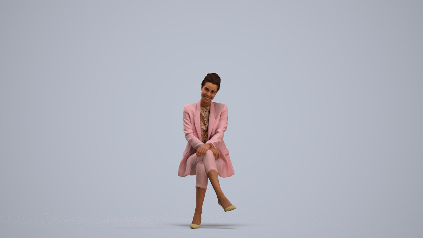 3D human model woman business sitting, photogrammetry scanned person for archviz, standing pose render