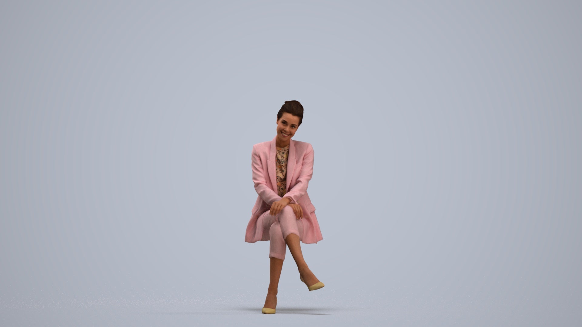 3D human model woman business sitting, photogrammetry scanned person for archviz, standing pose render