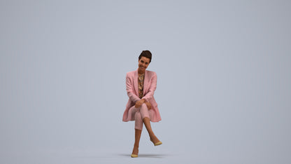 3D human model woman business sitting, photogrammetry scanned person for archviz, standing pose render