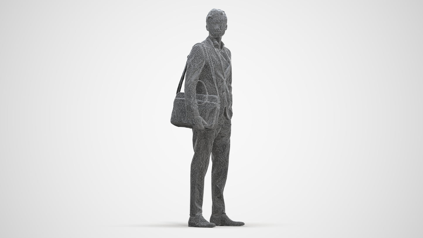 3D human model man business, photogrammetry scanned person for archviz, three-quarter front view render