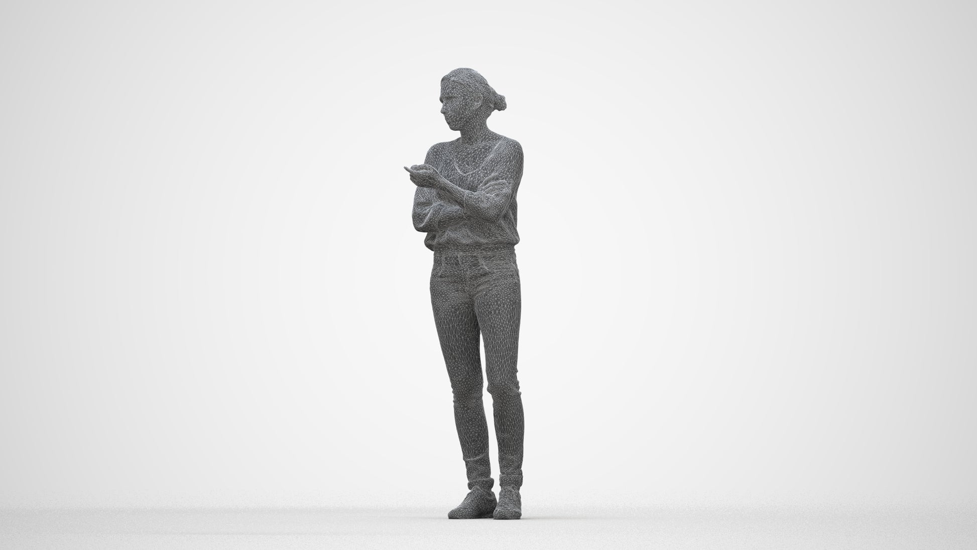 3D human model woman casual standing, photogrammetry scanned person for archviz, wireframe back view
