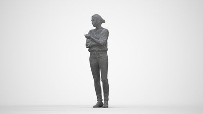 3D human model woman casual standing, photogrammetry scanned person for archviz, wireframe back view