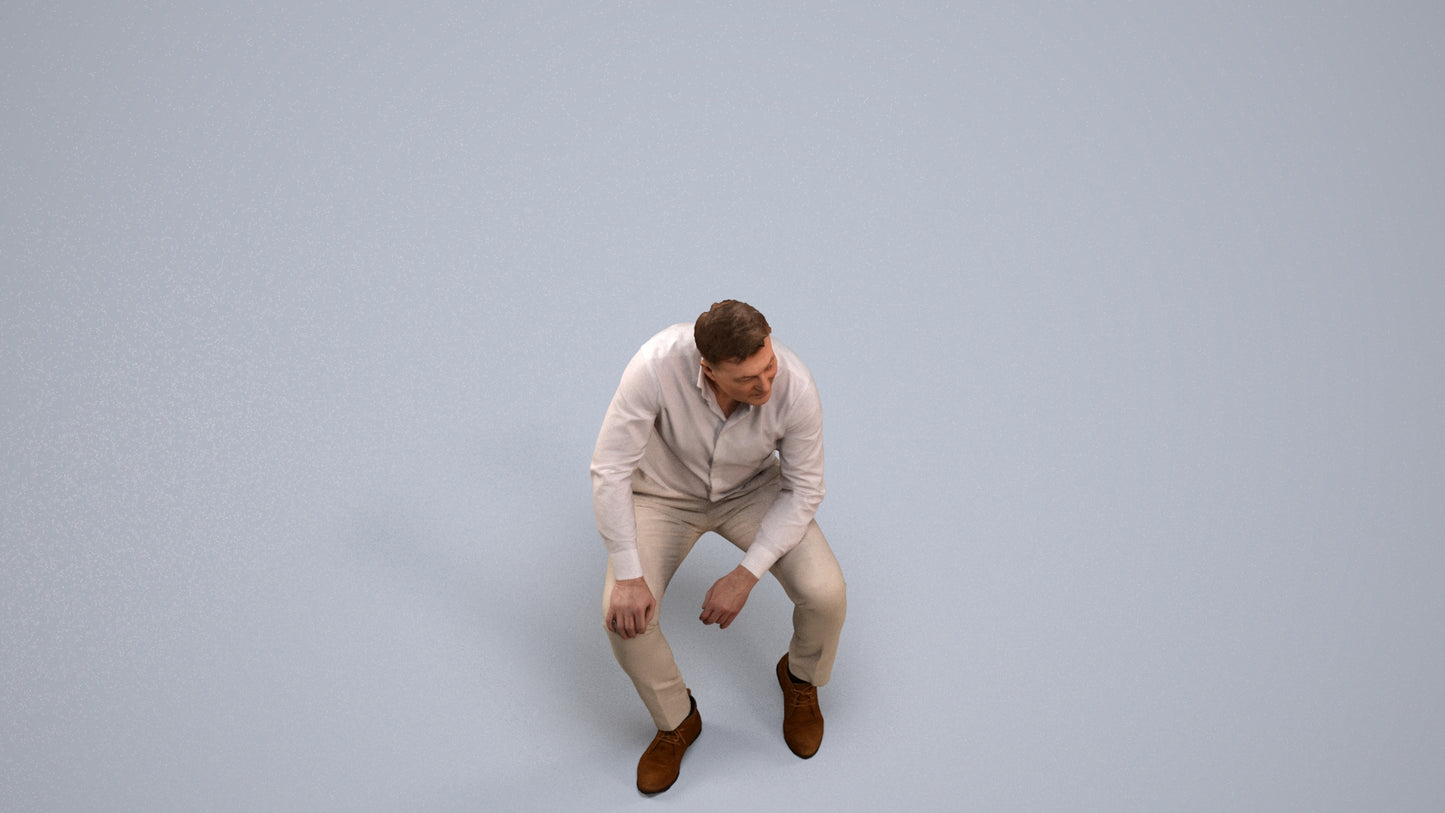 3D people model man casual sitting, scanned human for 3ds Max rendering, back view render