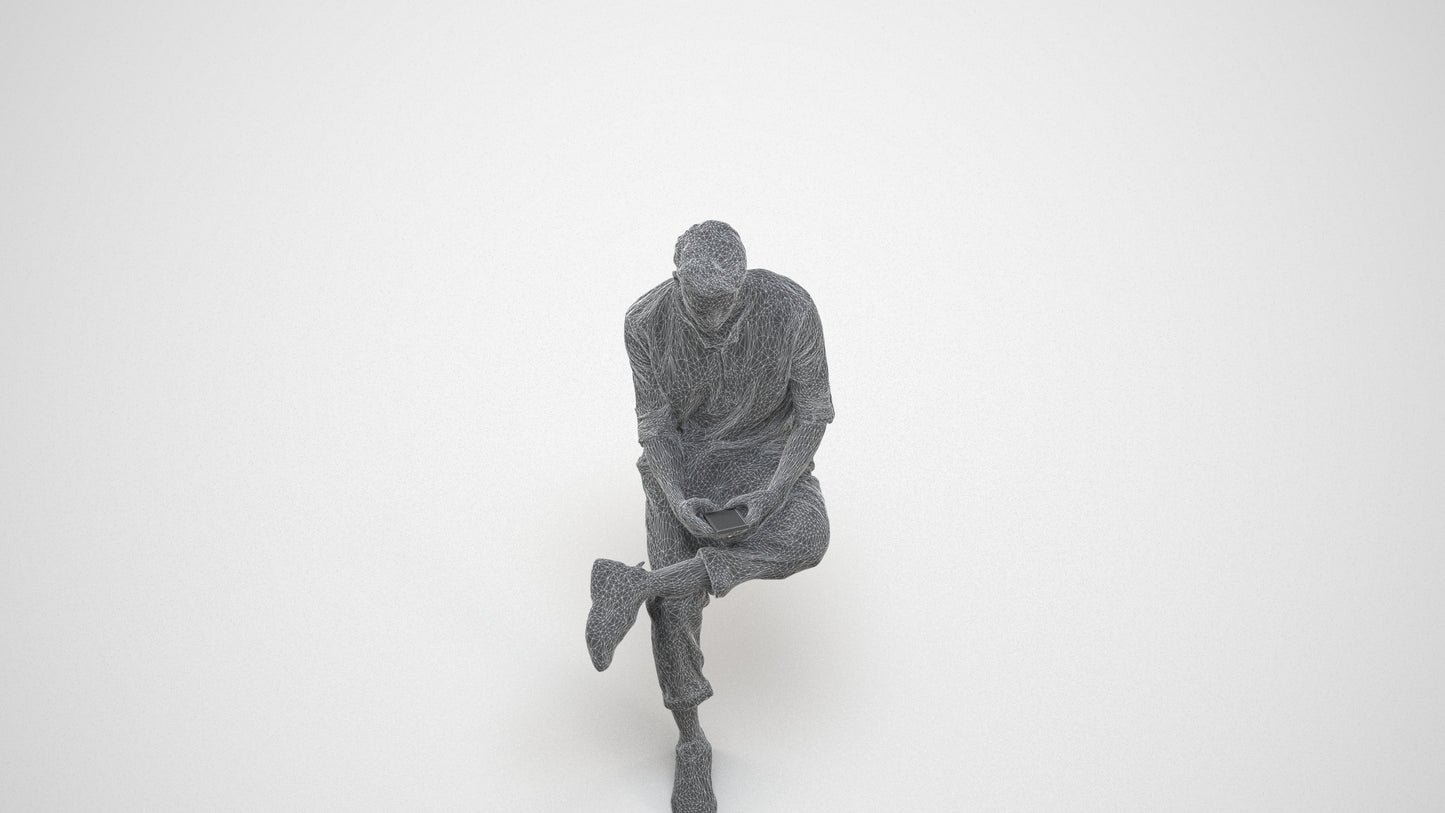 3D human model man casual sitting, photogrammetry scanned person for archviz, wireframe three-quarter view