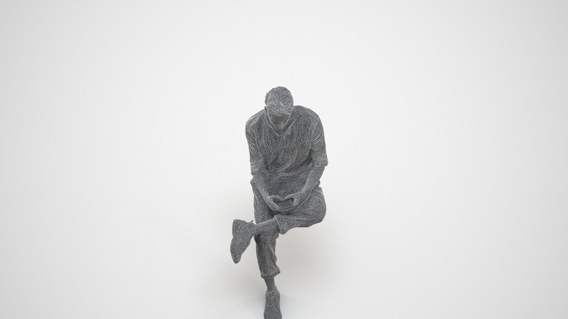 3D human model man casual sitting, photogrammetry scanned person for archviz, wireframe three-quarter view