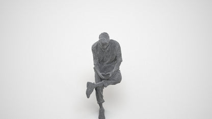 3D human model man casual sitting, photogrammetry scanned person for archviz, wireframe three-quarter view