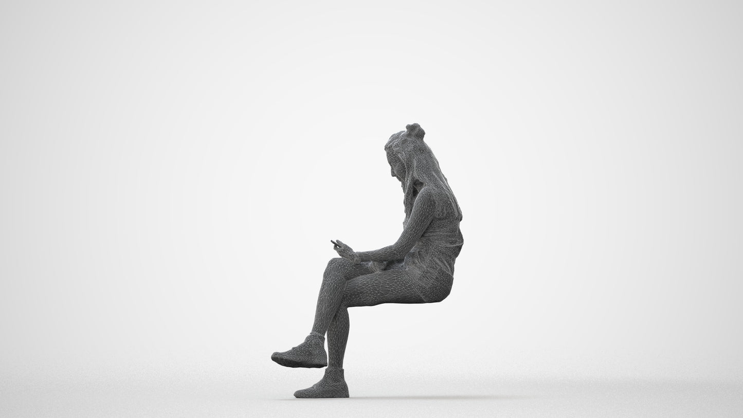 realistic 3D woman casual sitting, scanned archviz people for Blender and 3ds Max, square thumbnail