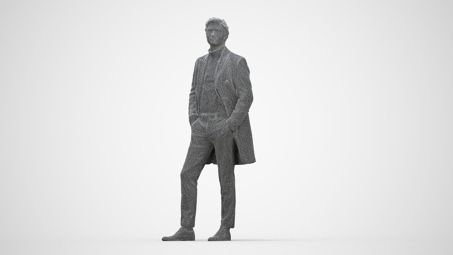 3D scanned man standing business, photorealistic archviz people for Enscape and SketchUp, wireframe back view