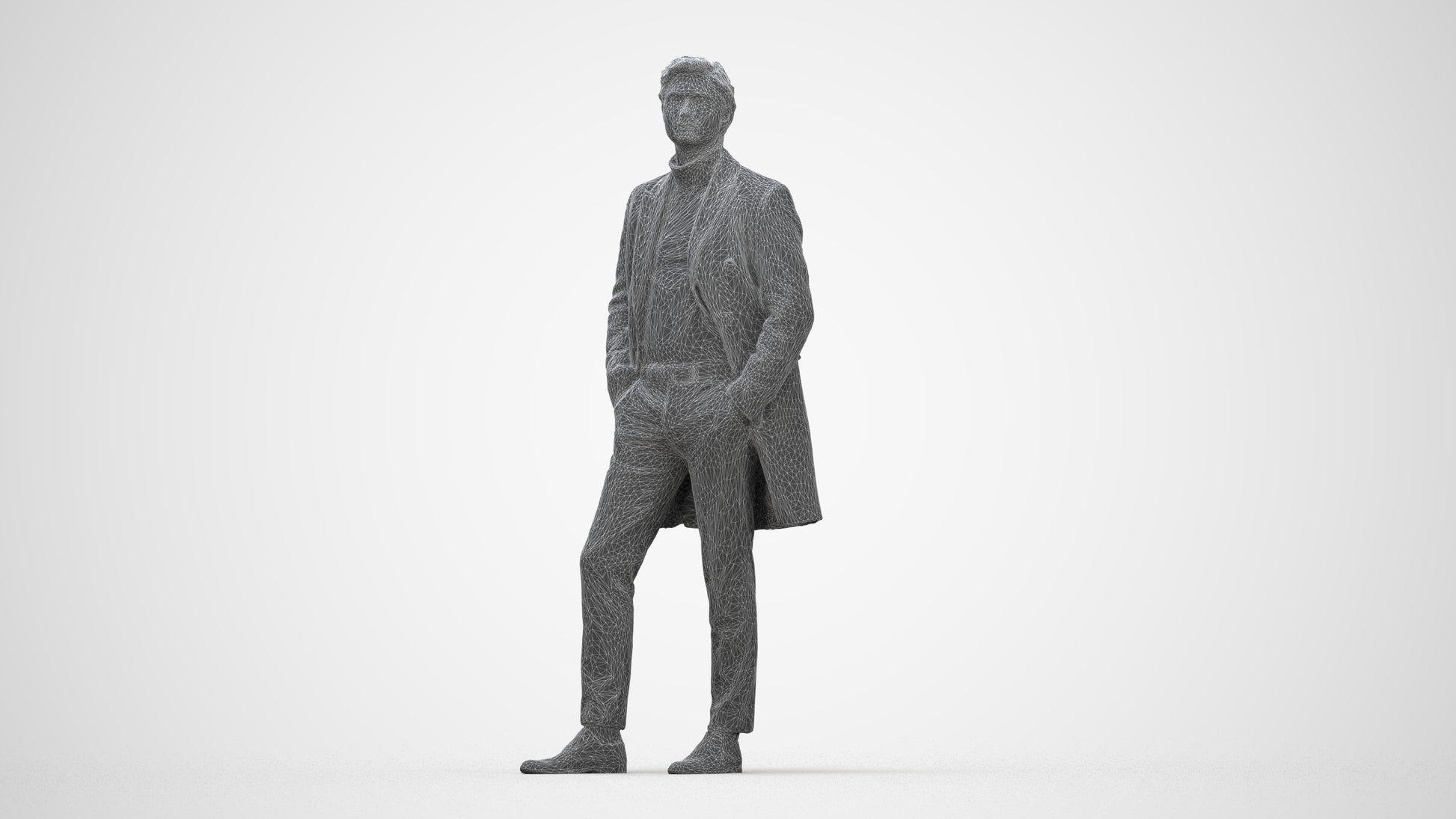 3D scanned man standing business, photorealistic archviz people for Enscape and SketchUp, wireframe back view