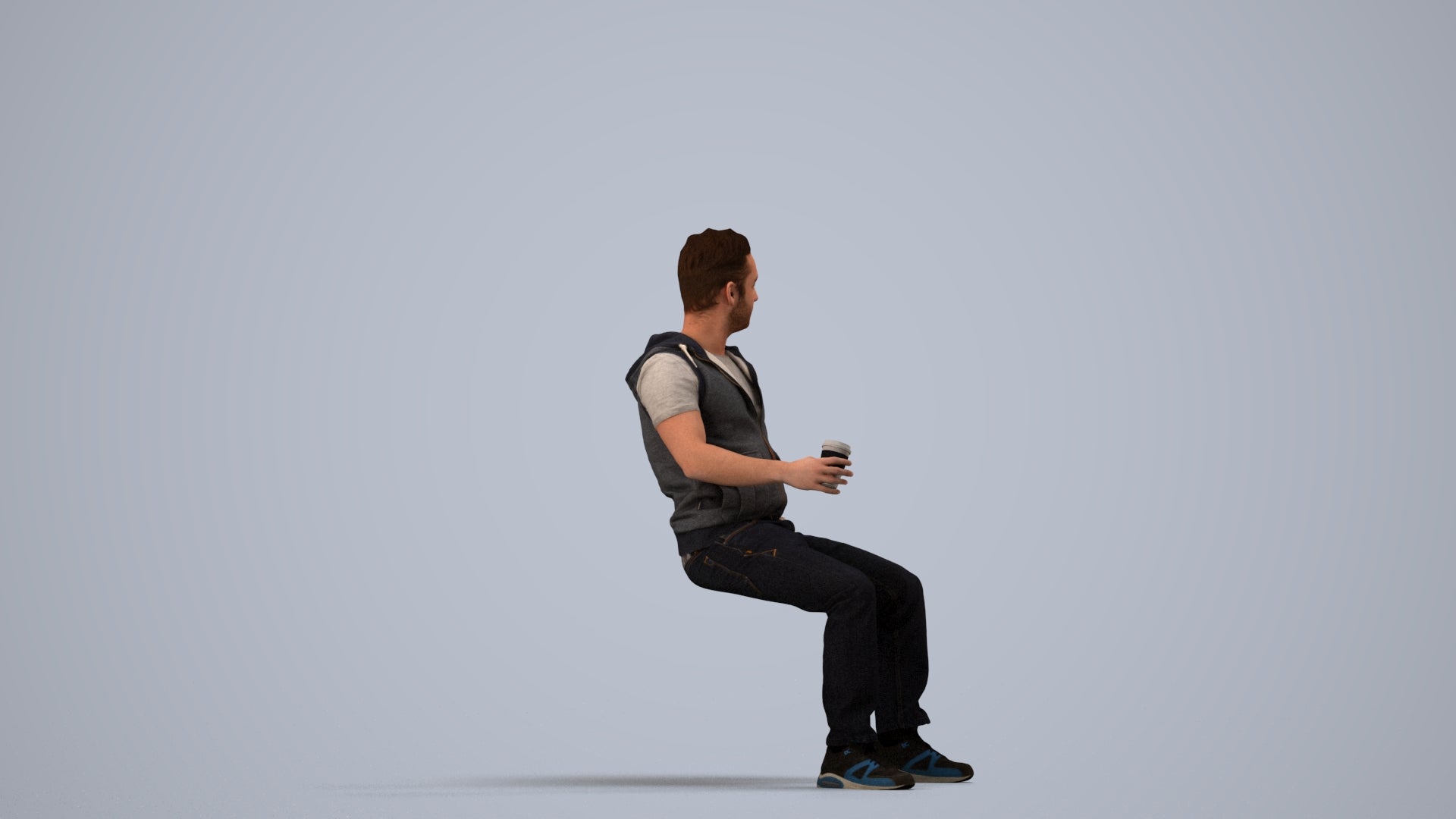 realistic 3D human man casual sitting, archviz people FBX OBJ for Blender, side view render
