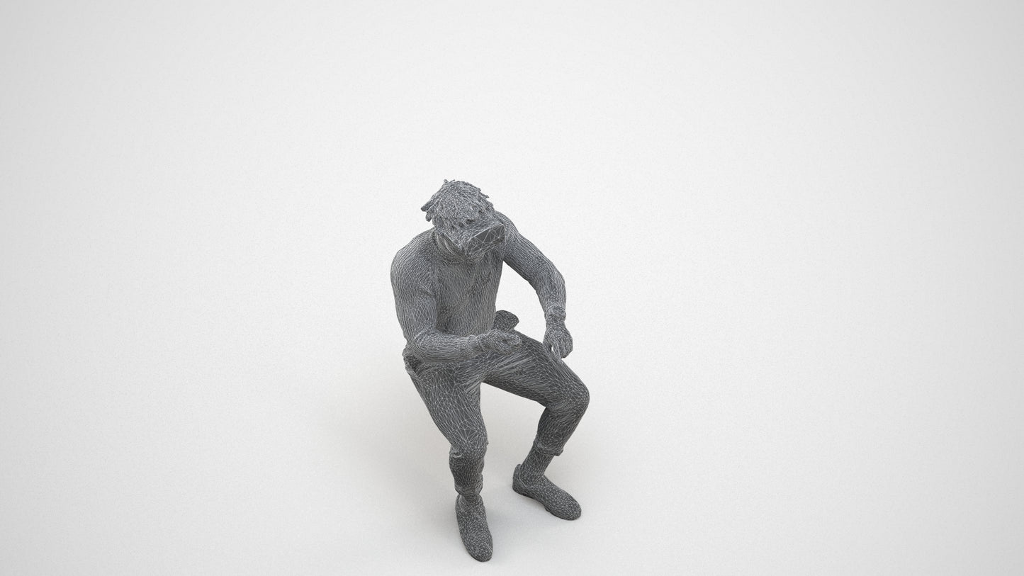 3D scanned man sitting casual, photorealistic archviz people for Enscape and SketchUp, wireframe three-quarter view