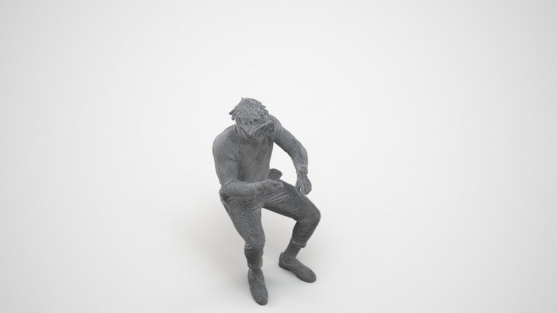3D scanned man sitting casual, photorealistic archviz people for Enscape and SketchUp, wireframe three-quarter view