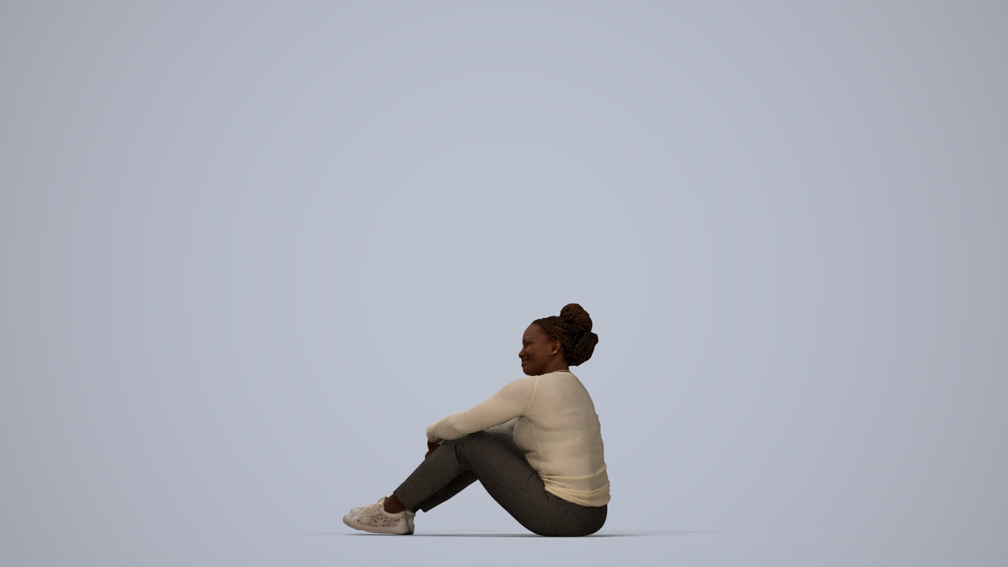 realistic 3D human woman casual sitting, archviz people FBX OBJ for Blender, top-down view render