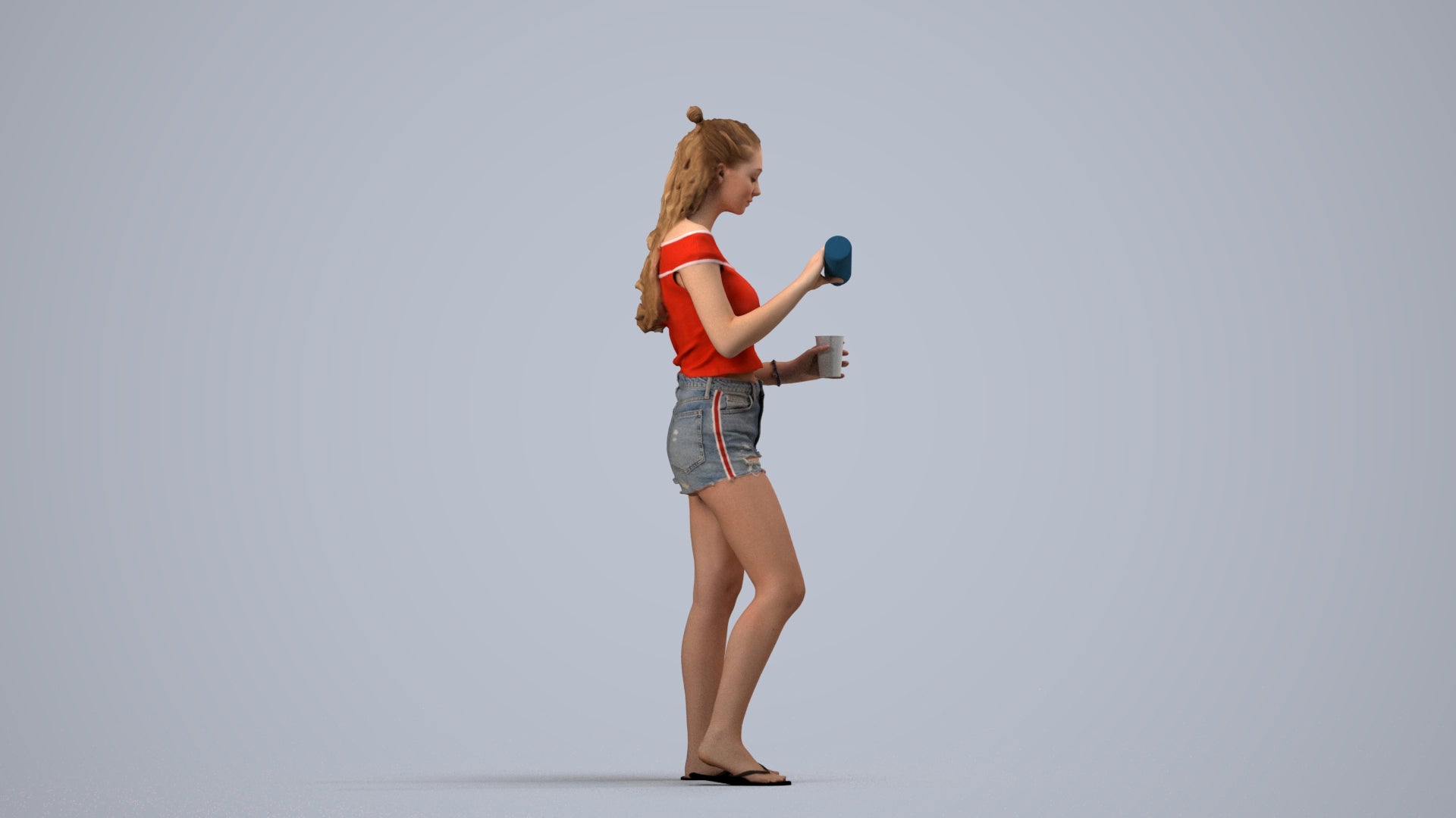 scanned 3D girl casual standing, photogrammetry people for Enscape and V-Ray, side view render