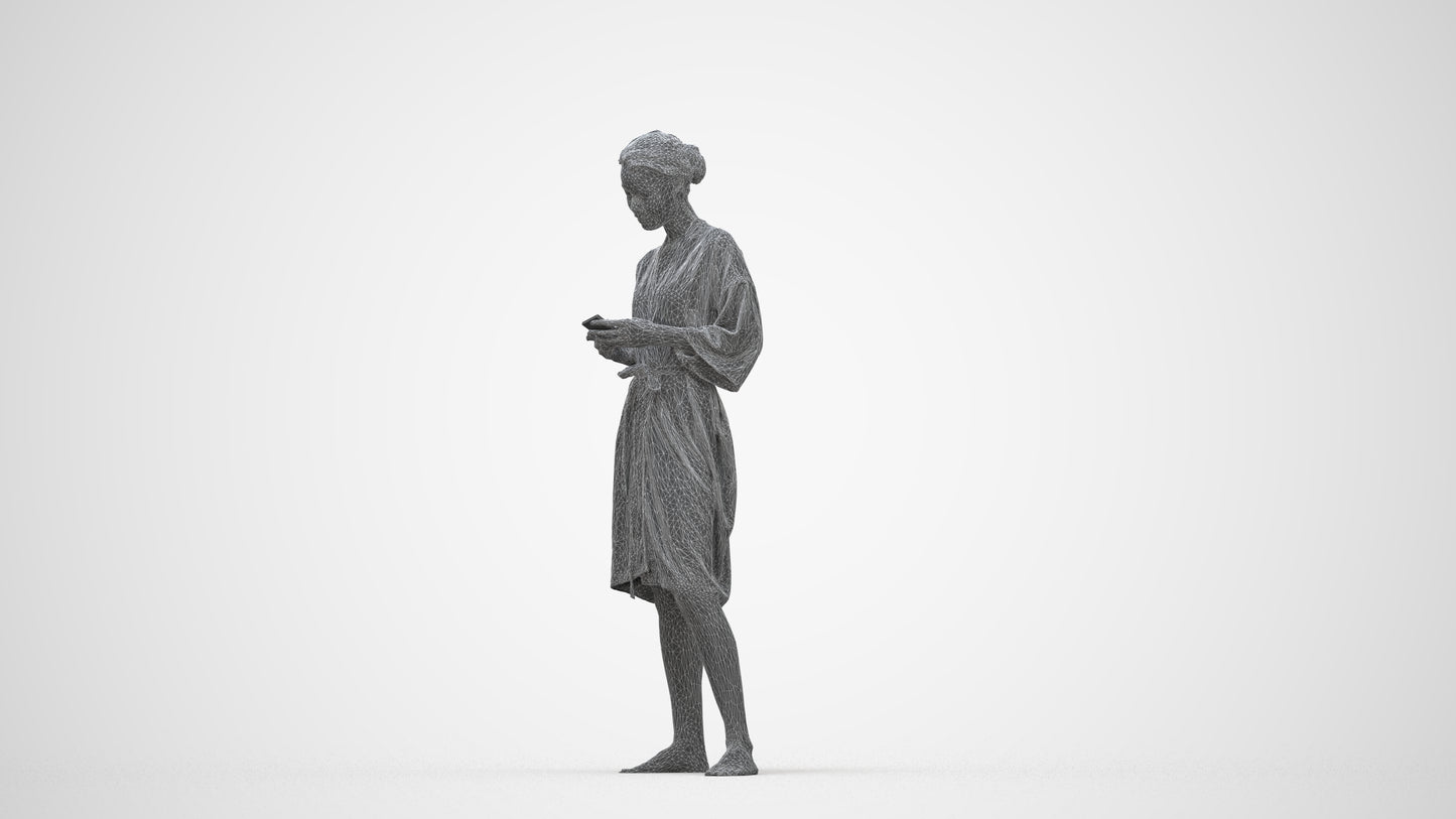 realistic 3D woman casual bathroom, scanned archviz people for Blender and 3ds Max, wireframe back view