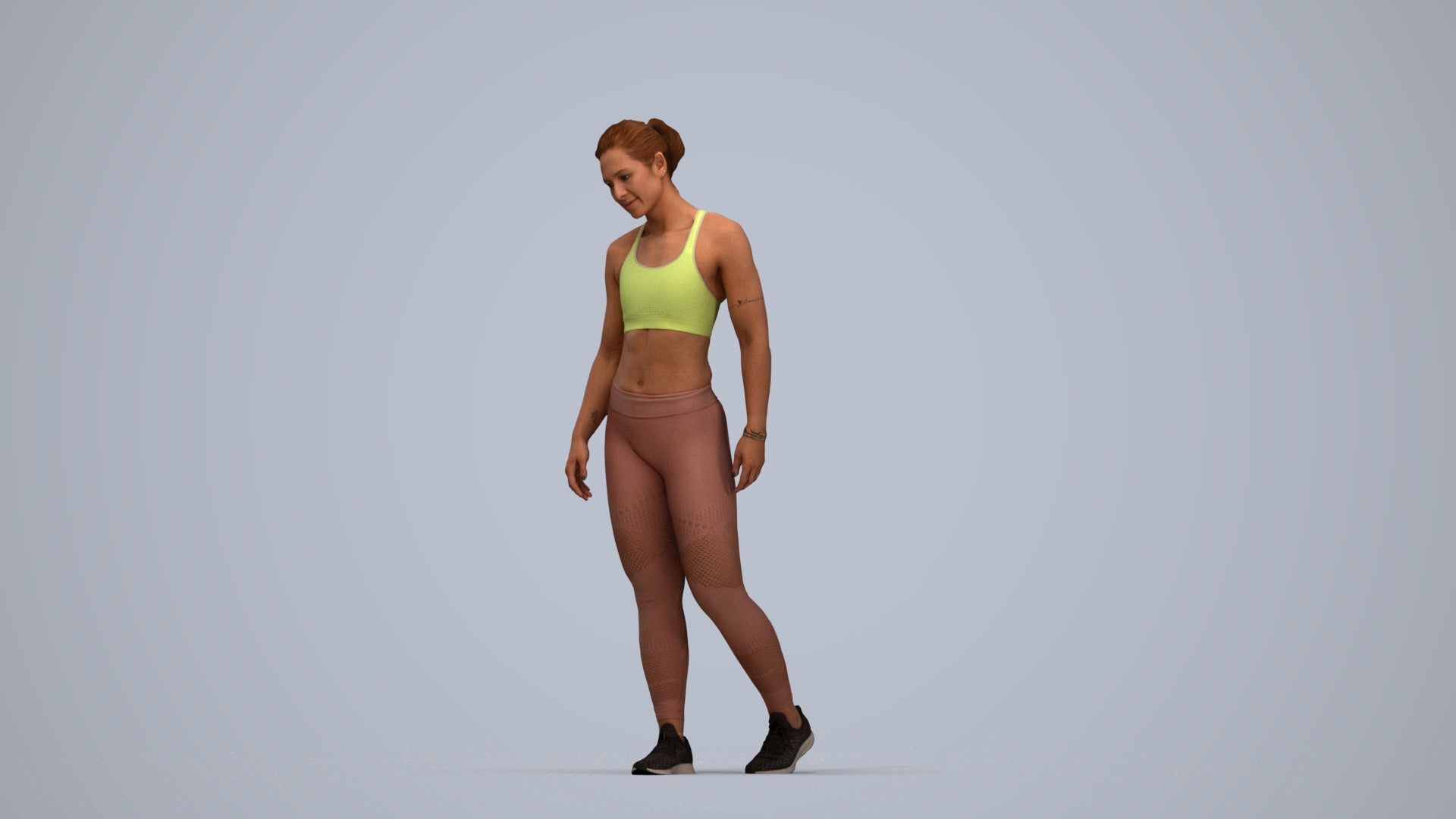 3D people model woman sport, scanned human for 3ds Max rendering, top-down view render