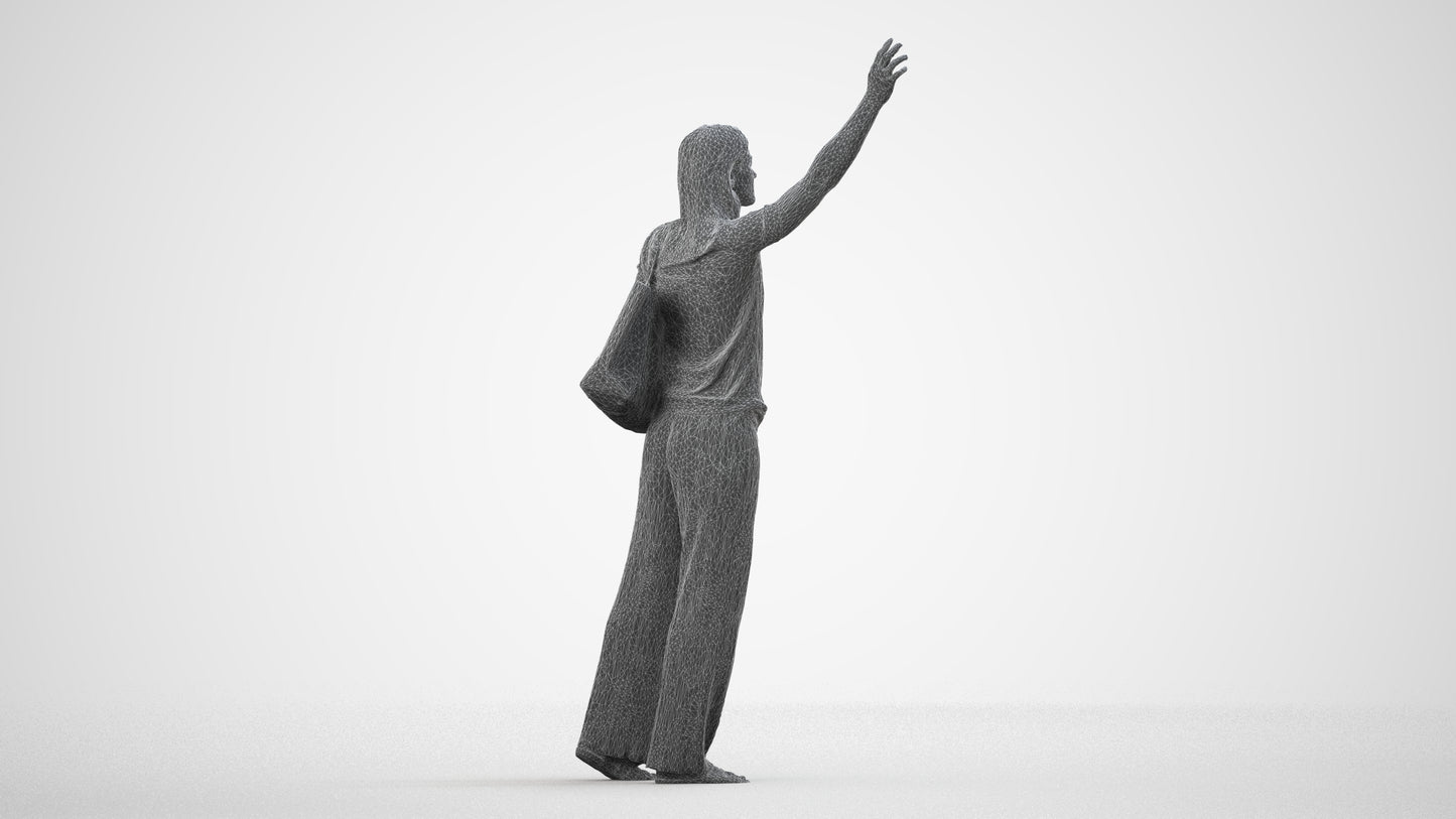 3D scanned woman standing casual, photorealistic archviz people for Enscape and SketchUp, wireframe side view