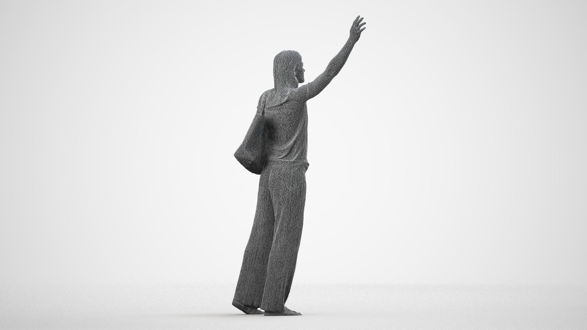 3D scanned woman standing casual, photorealistic archviz people for Enscape and SketchUp, wireframe side view