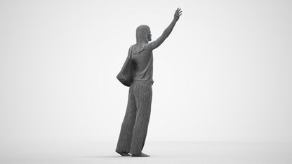 3D scanned woman standing casual, photorealistic archviz people for Enscape and SketchUp, wireframe side view