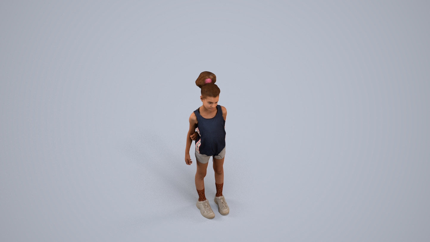 3D human model girl sport kids, photogrammetry scanned person for archviz, back view render