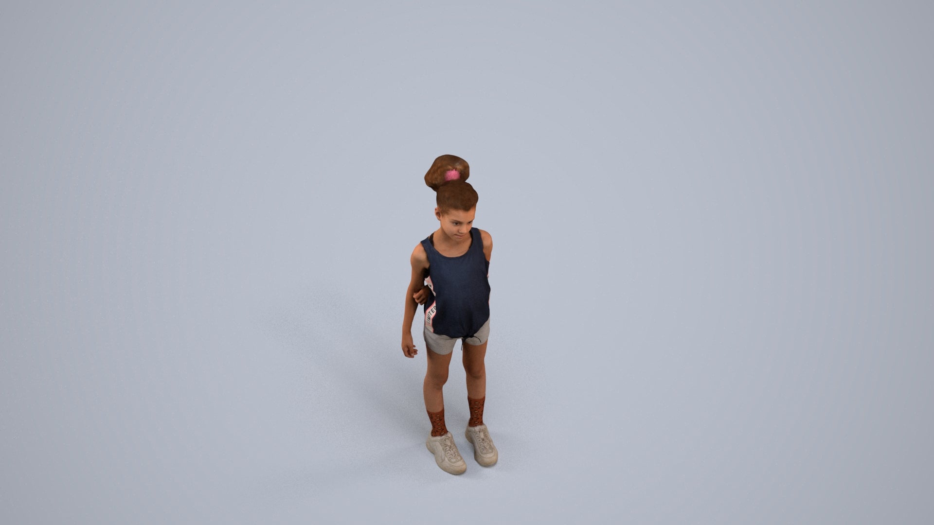 3D human model girl sport kids, photogrammetry scanned person for archviz, back view render