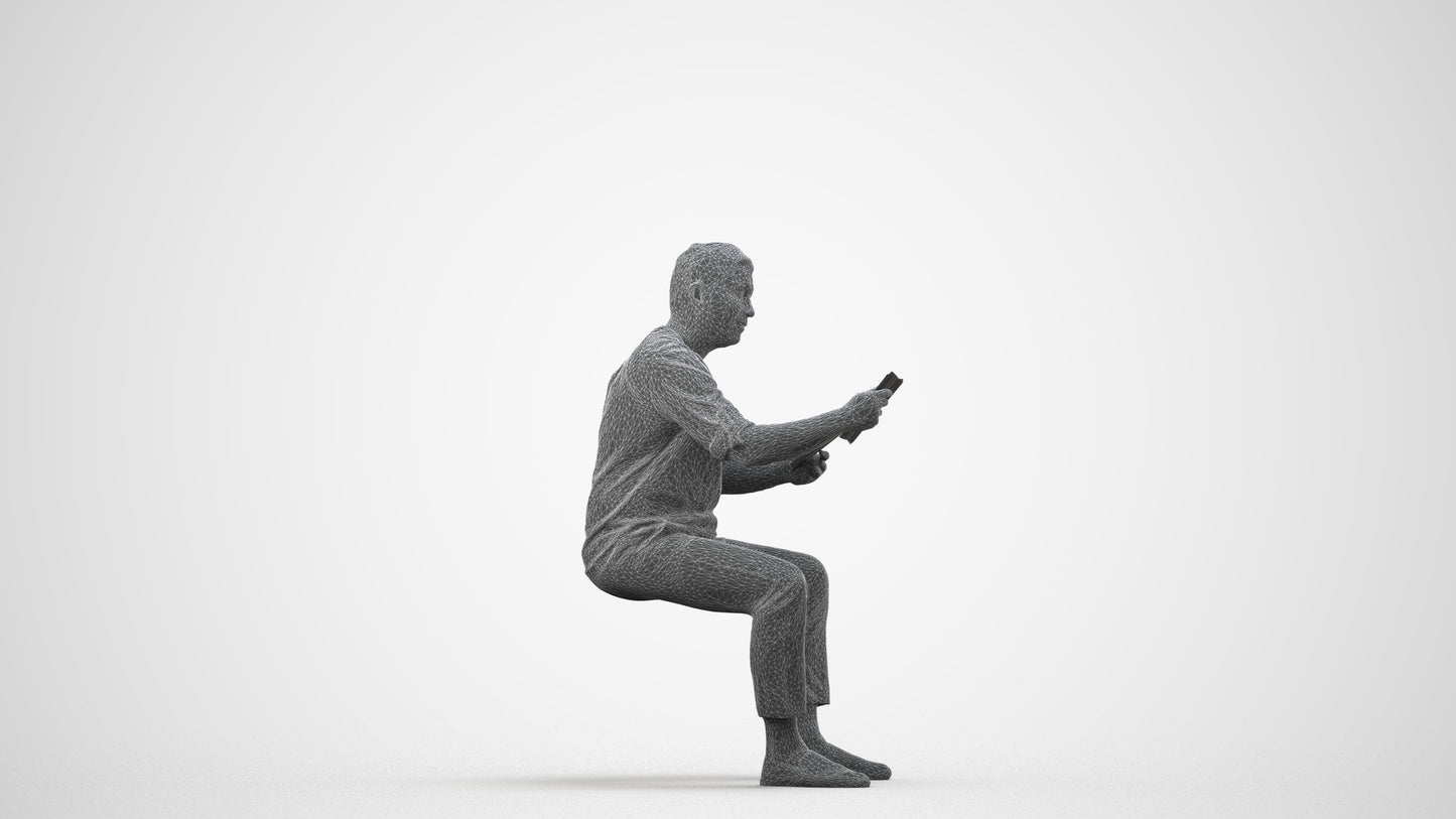 realistic 3D man casual sitting, scanned archviz people for Blender and 3ds Max, wireframe side view