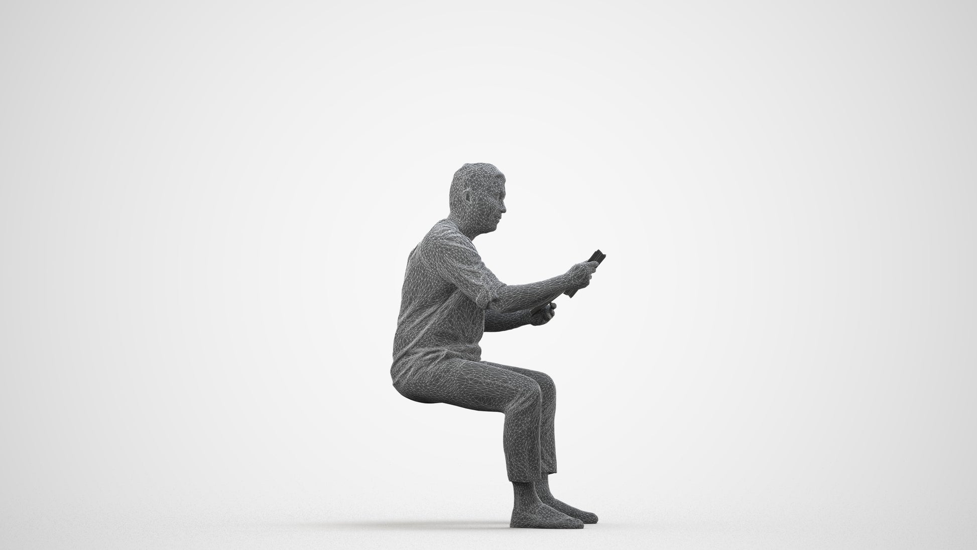 realistic 3D man casual sitting, scanned archviz people for Blender and 3ds Max, wireframe side view