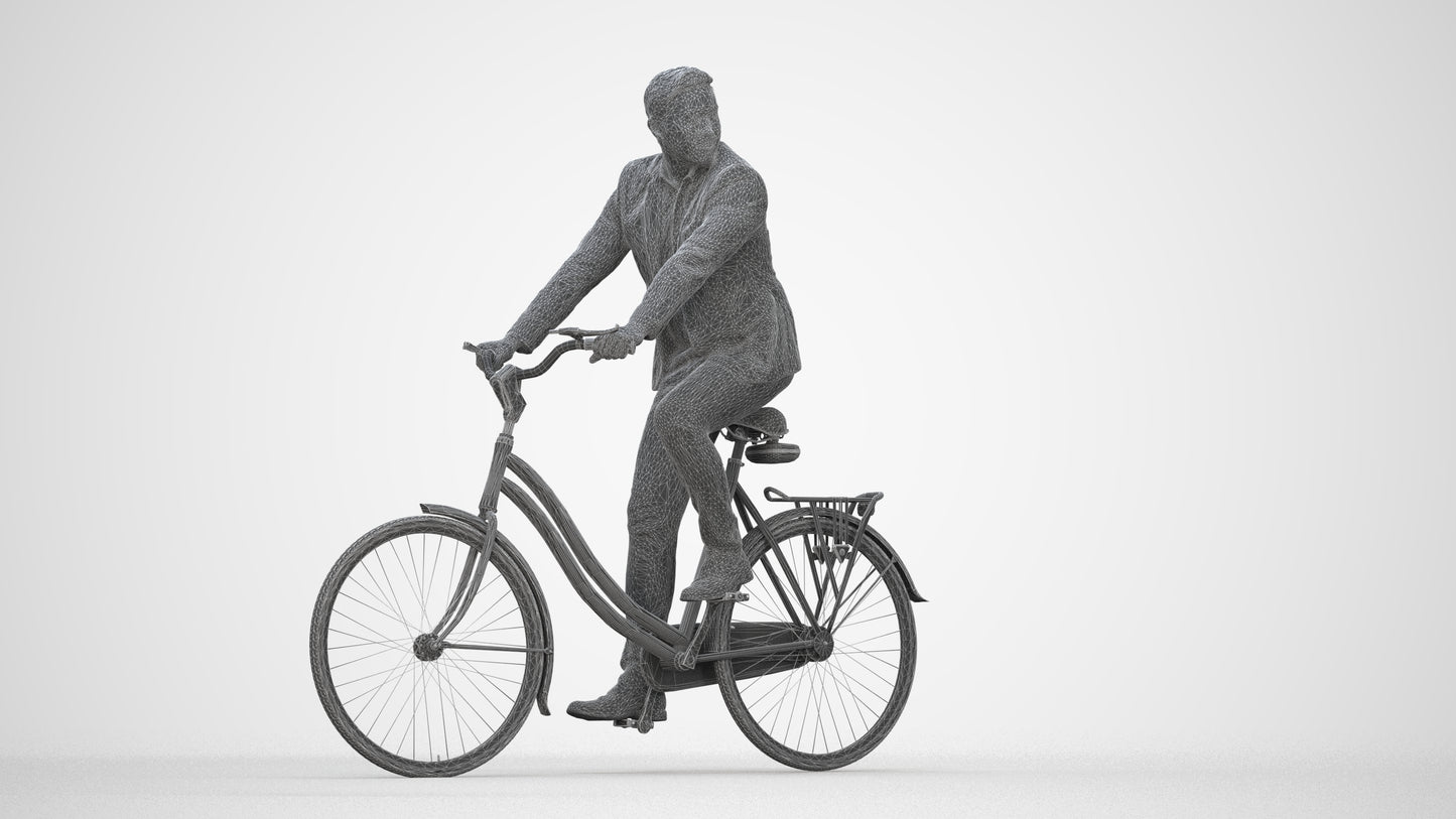 3D human model man business cycling, photogrammetry scanned person for archviz, wireframe back view