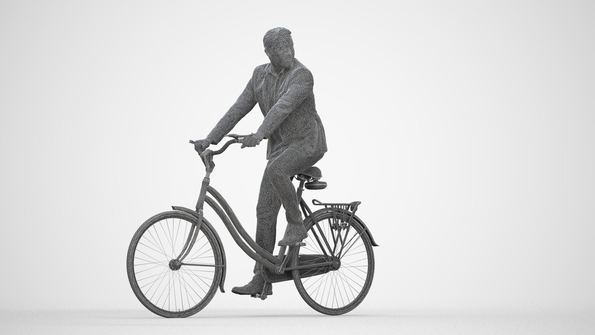 3D human model man business cycling, photogrammetry scanned person for archviz, wireframe back view