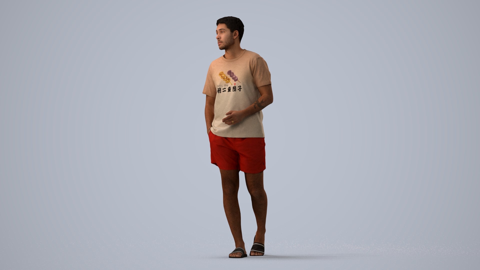 3D scanned man walking casual, photorealistic archviz people for Enscape and SketchUp, three-quarter view render