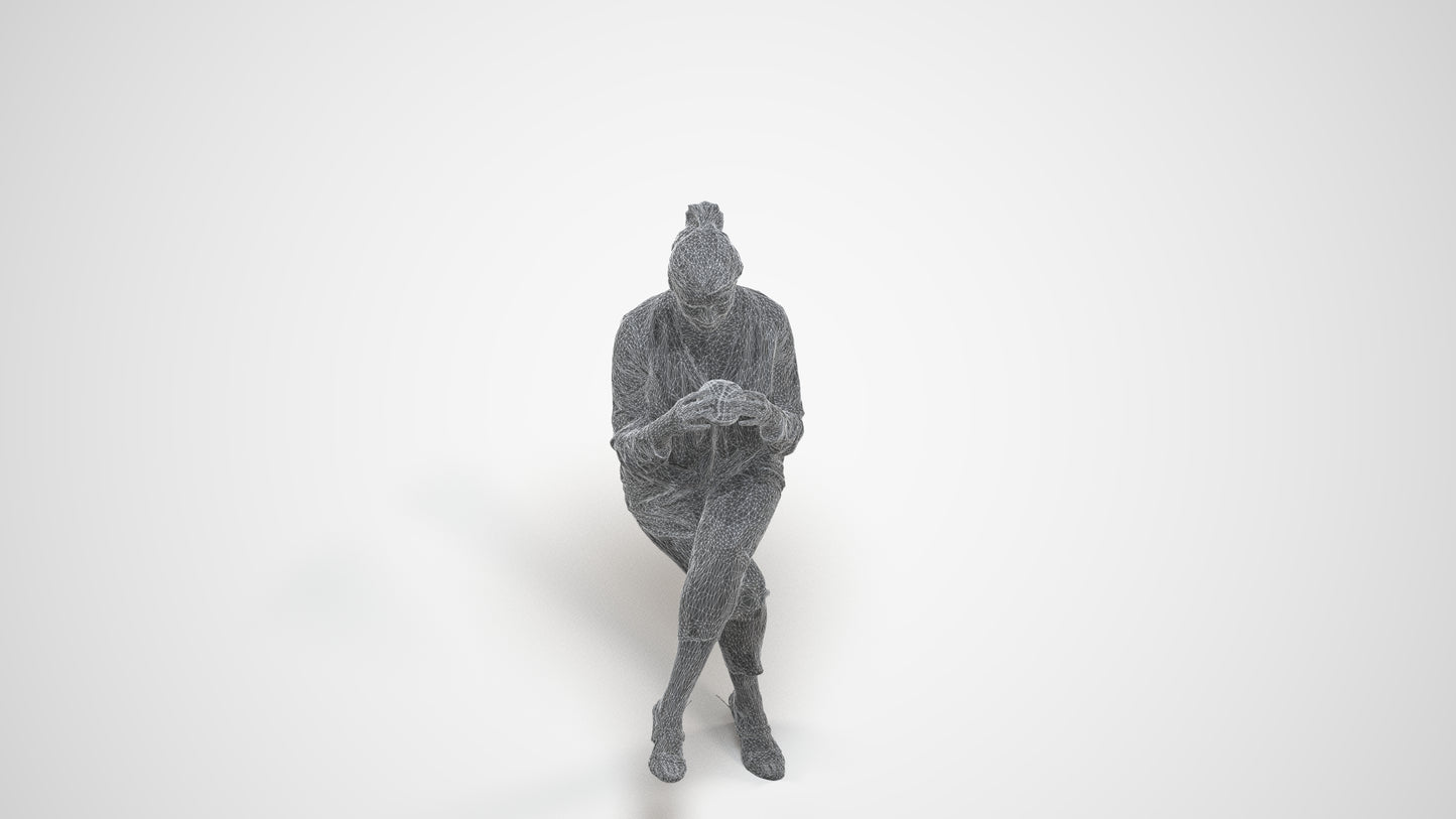 photogrammetry 3D woman casual sitting, realistic human model archviz FBX, wireframe three-quarter view