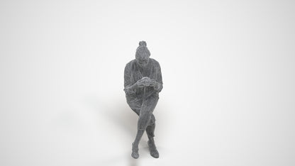 photogrammetry 3D woman casual sitting, realistic human model archviz FBX, wireframe three-quarter view