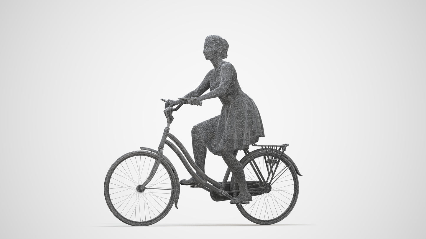 realistic 3D human woman formal cycling, archviz people FBX OBJ for Blender, wireframe back view