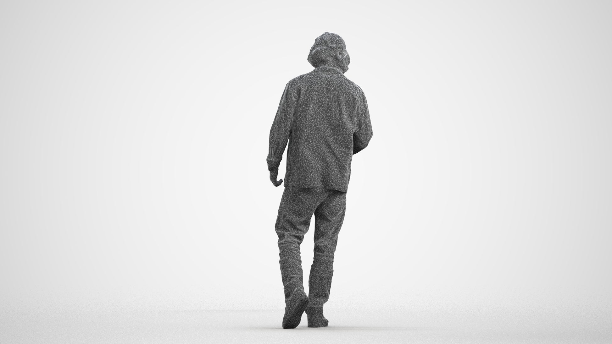 3D scanned man walking casual, photorealistic archviz people for Enscape and SketchUp, wireframe front view