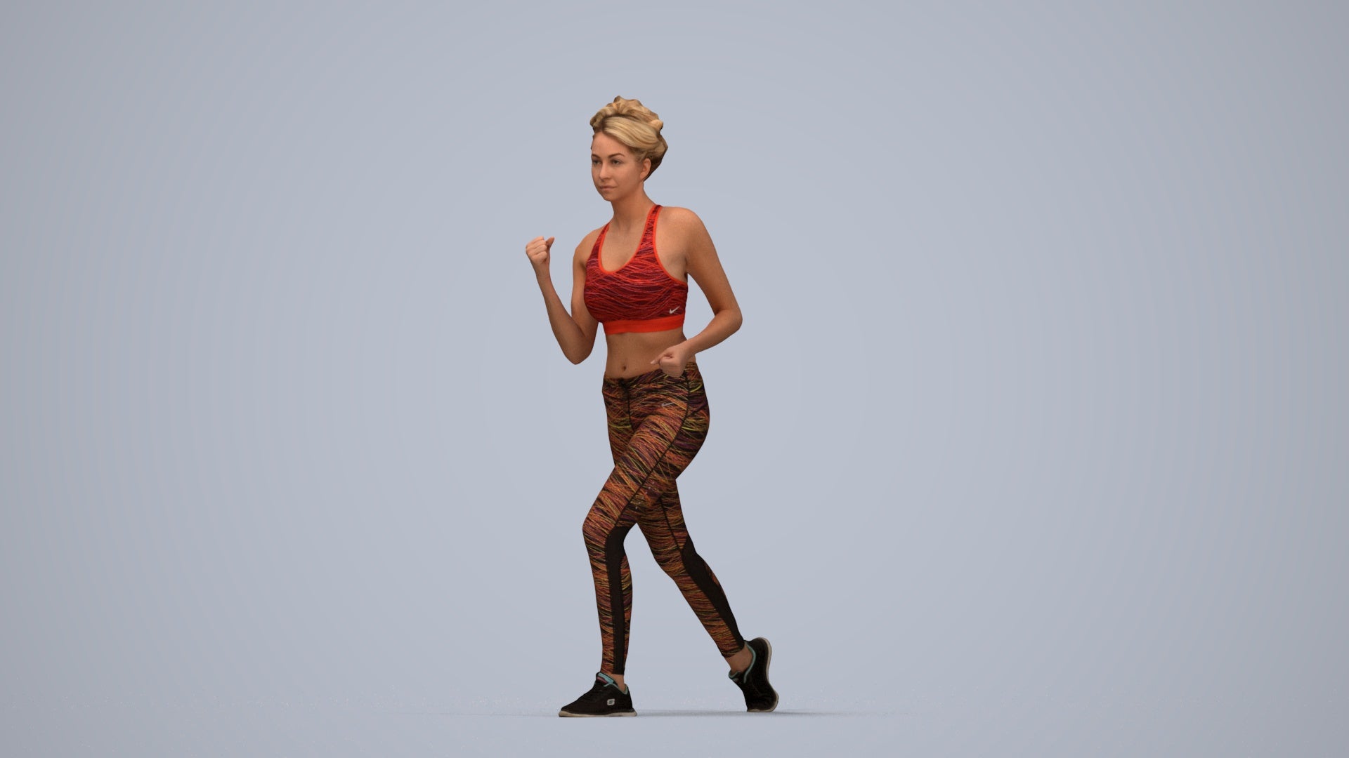 photogrammetry 3D woman sport walking, realistic human model archviz FBX, top-down view render