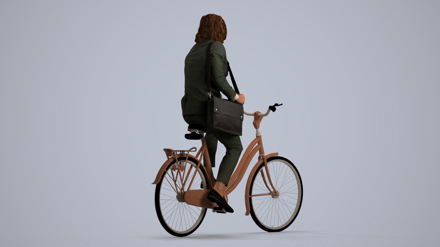 3D human model man business cycling, photogrammetry scanned person for archviz, front view render