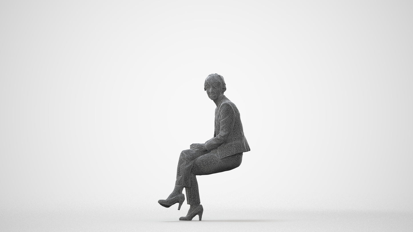 realistic 3D human senior woman business sitting, archviz people FBX OBJ for Blender, square thumbnail