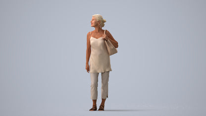 3D scanned senior woman standing casual, photorealistic archviz people for Enscape and SketchUp, three-quarter view render