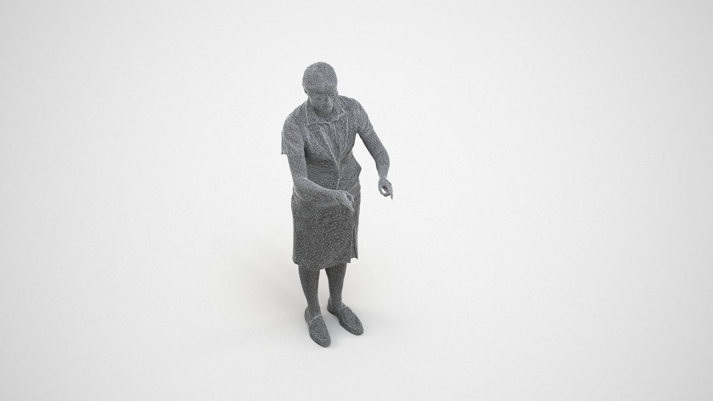 photogrammetry 3D woman hospitality, realistic human model archviz FBX, wireframe three-quarter view